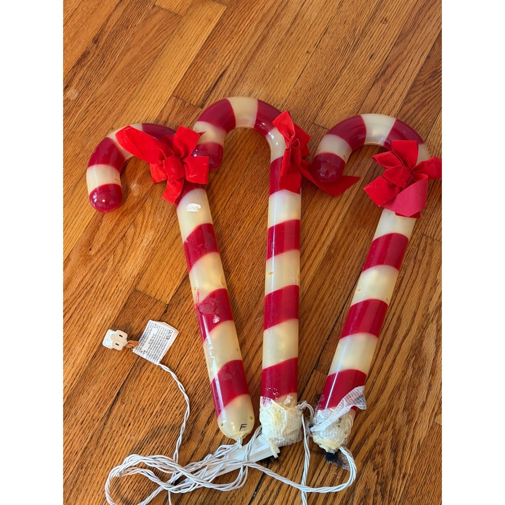 Vintage Christmas Candy Cane Pathway  Set of 3 Blow Mold Red White Bows